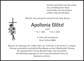 Traueranzeige von Apollonia Glötzl von Süddeutsche Zeitung