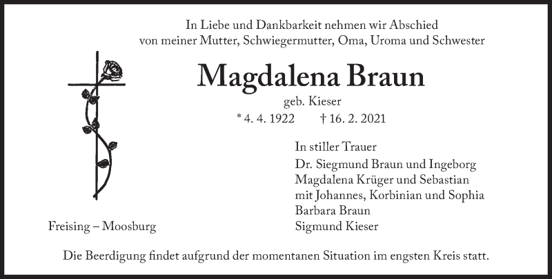  Traueranzeige für Braun Magdalena vom 18.02.2021 aus Süddeutsche Zeitung