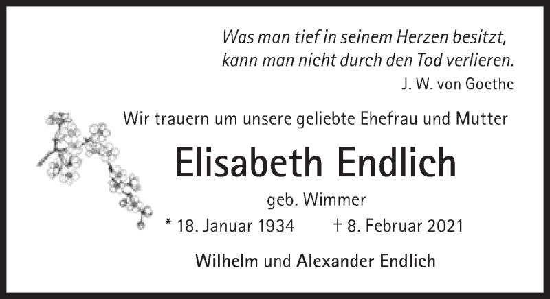  Traueranzeige für Elisabeth Endlich vom 27.02.2021 aus Süddeutsche Zeitung