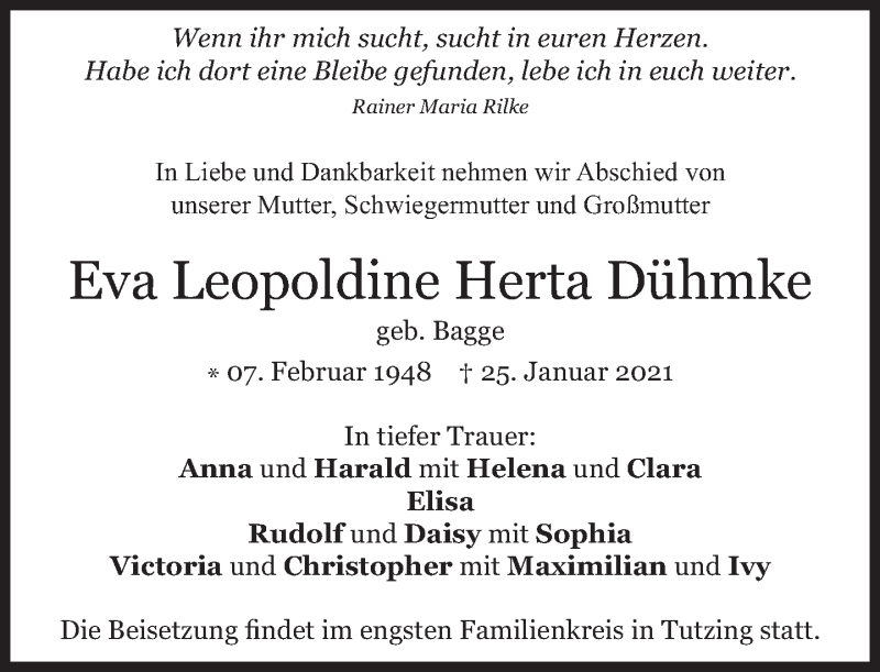  Traueranzeige für Eva Leopoldine Herta Dühmke vom 06.02.2021 aus Süddeutsche Zeitung