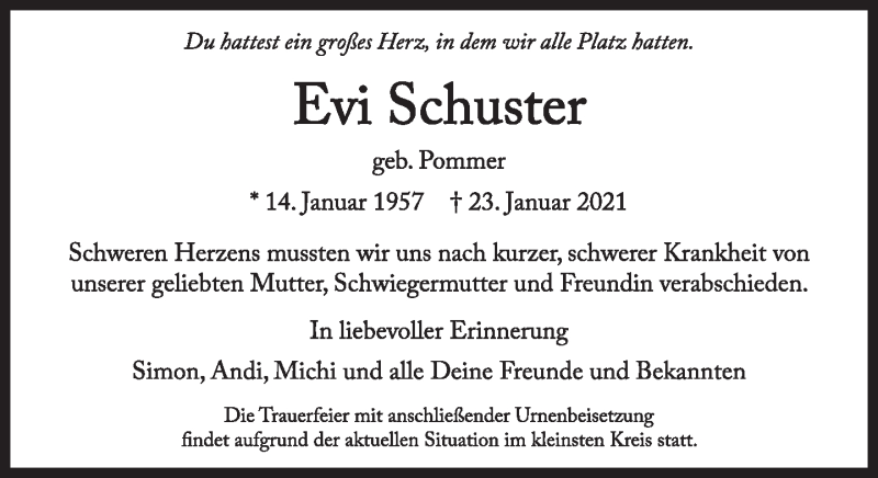  Traueranzeige für Evi Schuster vom 20.02.2021 aus Süddeutsche Zeitung