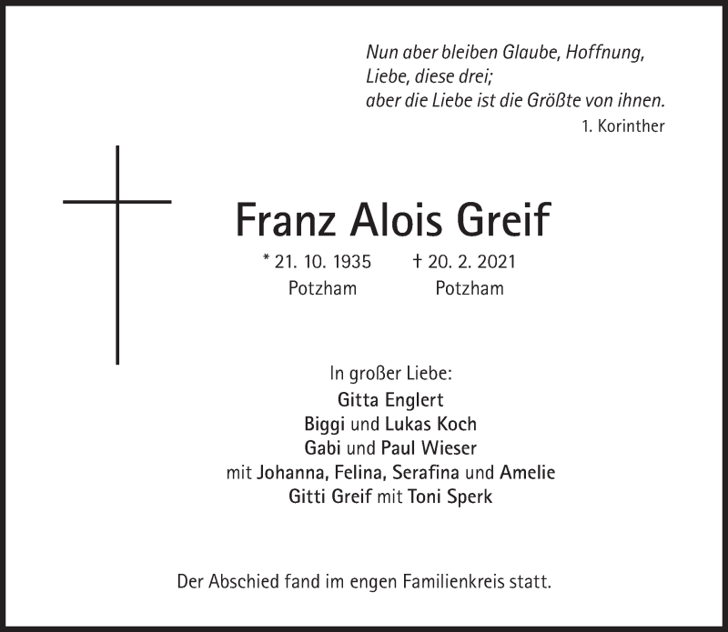  Traueranzeige für Franz Alois Greif vom 27.02.2021 aus Süddeutsche Zeitung