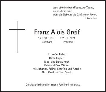 Traueranzeige von Franz Alois Greif von Süddeutsche Zeitung