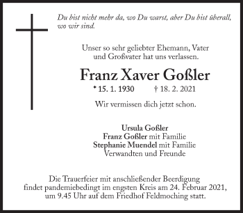 Traueranzeige von Franz Xaver Goßler von Süddeutsche Zeitung