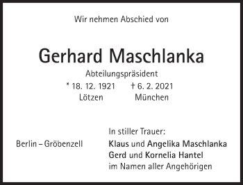 Traueranzeige von Gerhard Maschlanka von Süddeutsche Zeitung