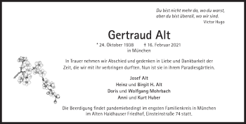 Traueranzeige von Gertraud Alt von Süddeutsche Zeitung