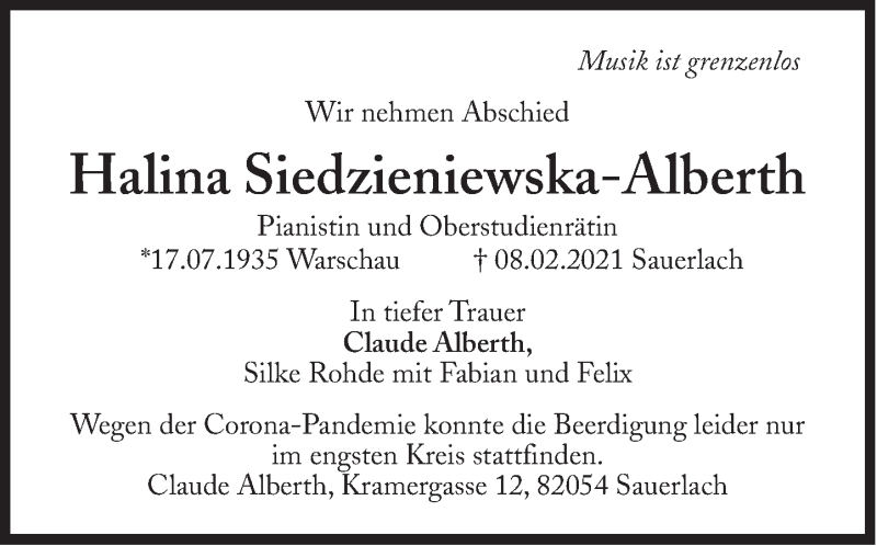  Traueranzeige für Halina Siedzieniewska-Alberth vom 20.02.2021 aus Süddeutsche Zeitung