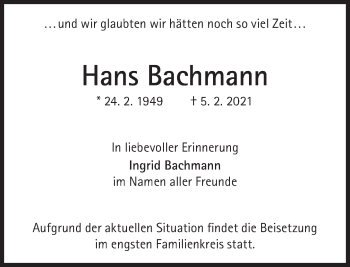 Traueranzeige von Hans Bachmann von Süddeutsche Zeitung