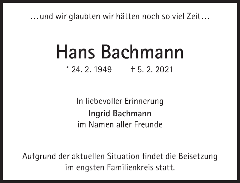  Traueranzeige für Hans Bachmann vom 13.02.2021 aus Süddeutsche Zeitung