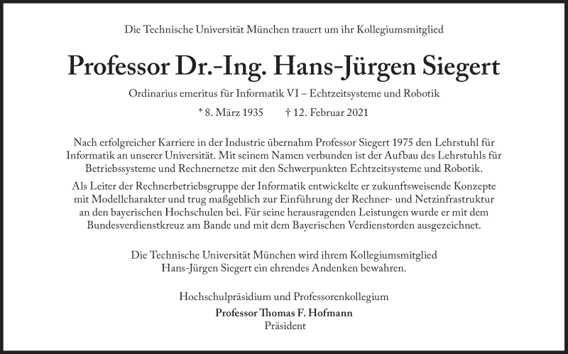  Traueranzeige für Hans-Jürgen Siegert vom 27.02.2021 aus Süddeutsche Zeitung