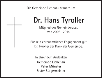 Traueranzeige von Hans Tyroller von Süddeutsche Zeitung