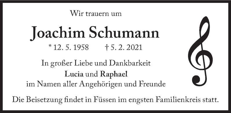  Traueranzeige für Joachim Schumann vom 16.02.2021 aus Süddeutsche Zeitung