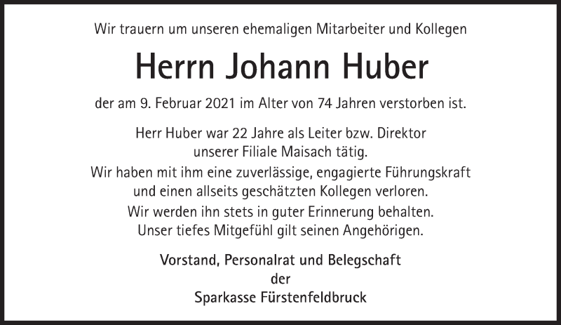  Traueranzeige für Johann Huber vom 20.02.2021 aus Süddeutsche Zeitung