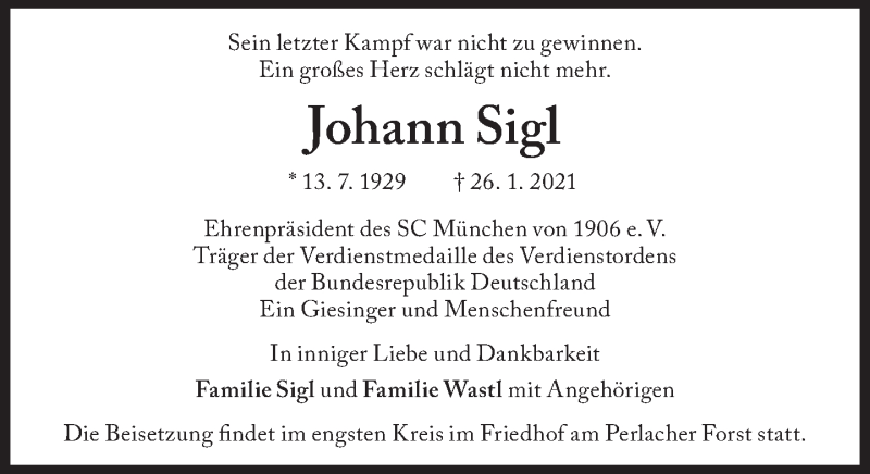  Traueranzeige für Johann Sigl vom 17.02.2021 aus Süddeutsche Zeitung