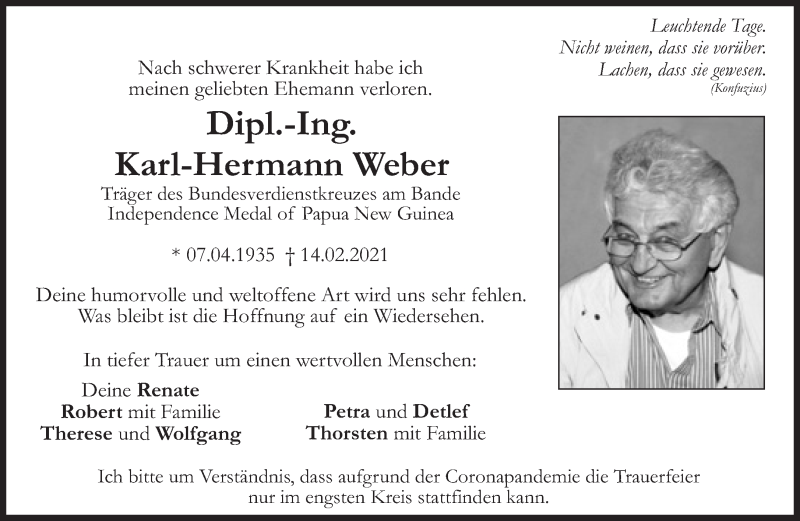  Traueranzeige für Karl-Hermann Weber vom 20.02.2021 aus Süddeutsche Zeitung