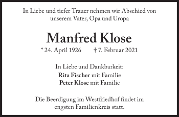 Traueranzeige von Manfred Klose von Süddeutsche Zeitung