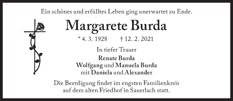  Traueranzeige für Margarete Burda vom 17.02.2021 aus Süddeutsche Zeitung