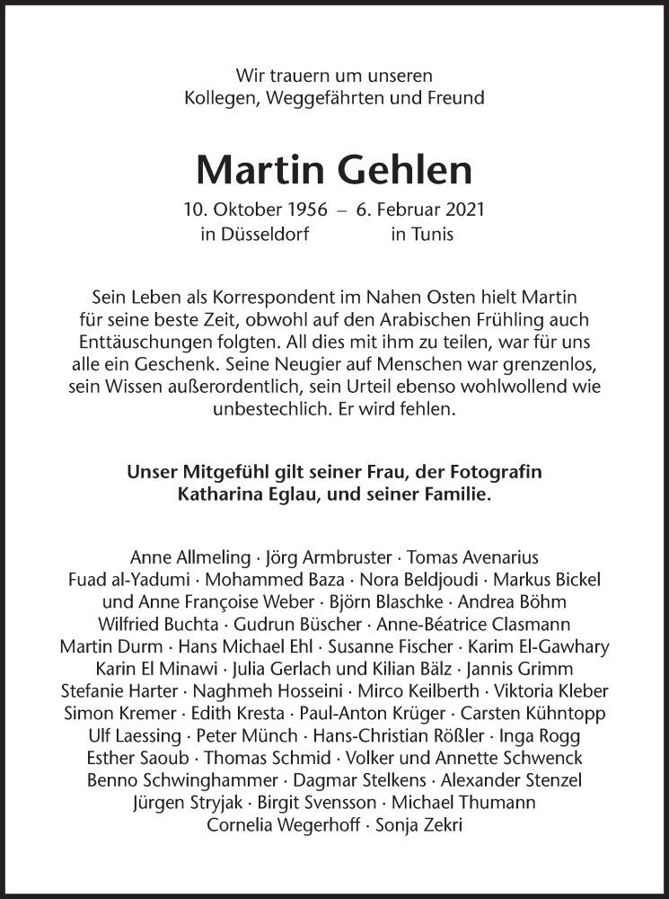  Traueranzeige für Martin Gehlen vom 20.02.2021 aus Süddeutsche Zeitung