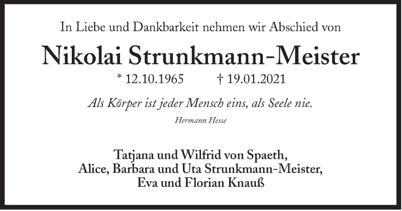  Traueranzeige für Nikolai Strunkmann-Meister vom 06.02.2021 aus Süddeutsche Zeitung
