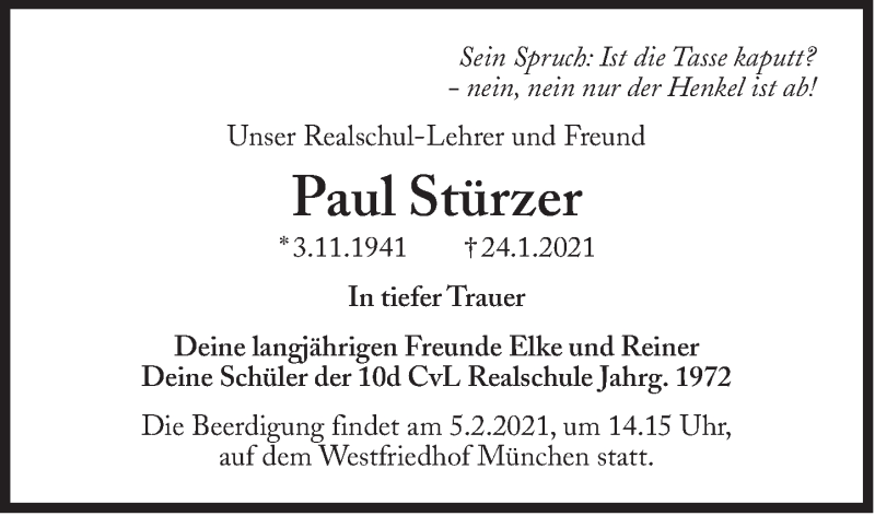  Traueranzeige für Paul Stürzer vom 05.02.2021 aus Süddeutsche Zeitung