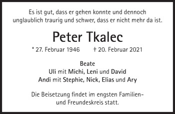 Traueranzeige von Peter Tkalec von Süddeutsche Zeitung