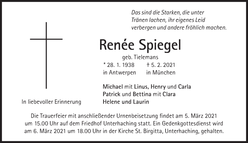  Traueranzeige für Renée Spiegel vom 27.02.2021 aus Süddeutsche Zeitung
