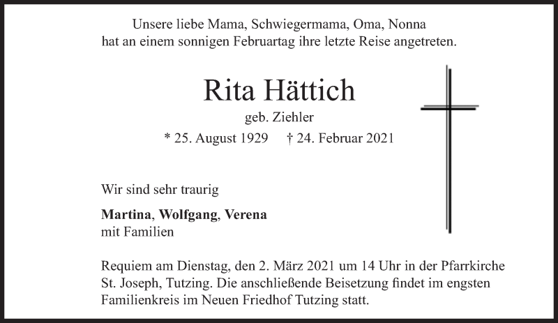  Traueranzeige für Rita Hättich vom 27.02.2021 aus Süddeutsche Zeitung