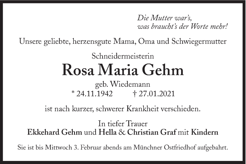  Traueranzeige für Rosa Maria Gehm vom 02.02.2021 aus Süddeutsche Zeitung