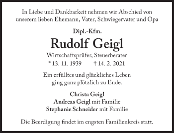 Traueranzeige von Rudolf Geigl von Süddeutsche Zeitung