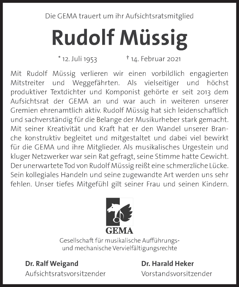  Traueranzeige für Rudolf Müssig vom 27.02.2021 aus Süddeutsche Zeitung