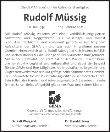 Traueranzeige von Rudolf Müssig von Süddeutsche Zeitung