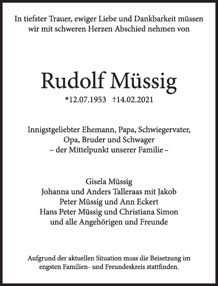  Traueranzeige für Rudolf Müssig vom 27.02.2021 aus Süddeutsche Zeitung
