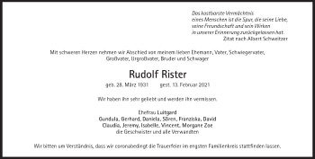 Traueranzeige von Rudolf Rister von Süddeutsche Zeitung