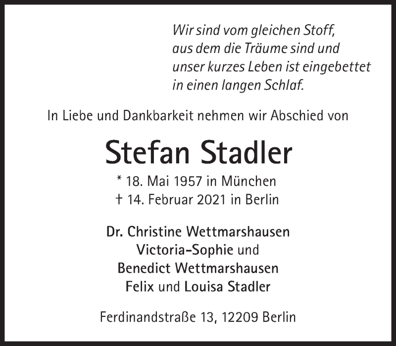  Traueranzeige für Stefan Stadler vom 20.02.2021 aus Süddeutsche Zeitung