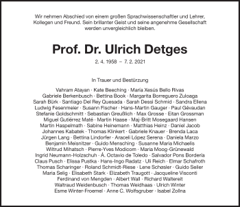 Traueranzeige von Ulrich Detges von Süddeutsche Zeitung