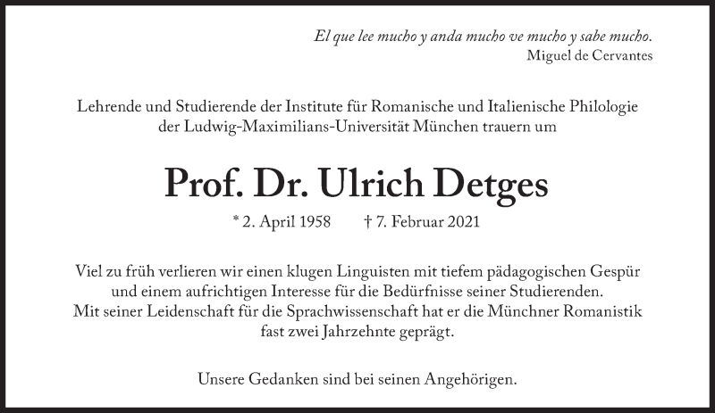  Traueranzeige für Ulrich Detges vom 17.02.2021 aus Süddeutsche Zeitung