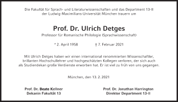 Traueranzeige von Ulrich Detges von Süddeutsche Zeitung