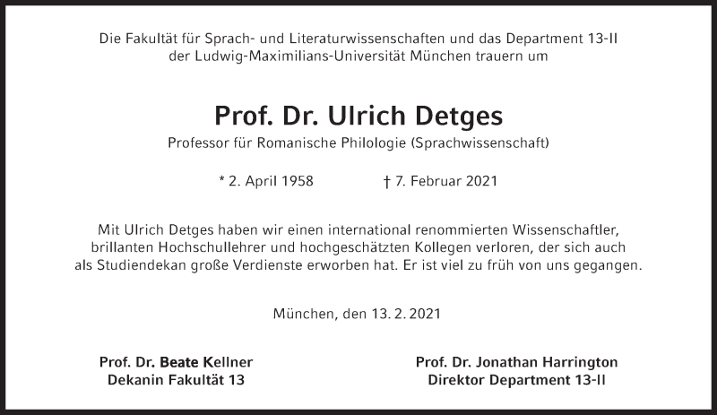  Traueranzeige für Ulrich Detges vom 13.02.2021 aus Süddeutsche Zeitung
