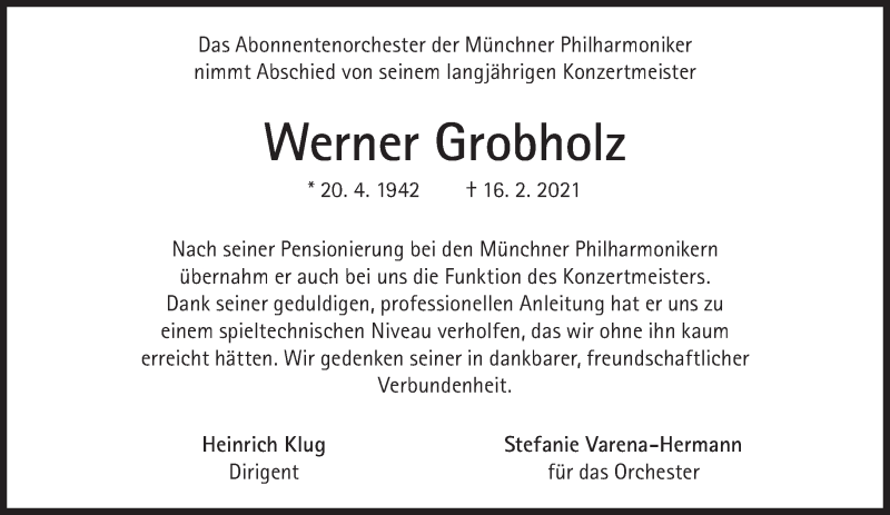  Traueranzeige für Werner Grobholz vom 20.02.2021 aus Süddeutsche Zeitung