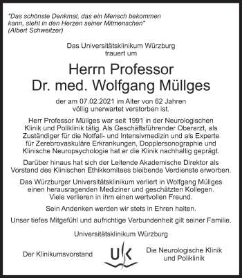 Traueranzeige von Wolfgang Müllges von Süddeutsche Zeitung
