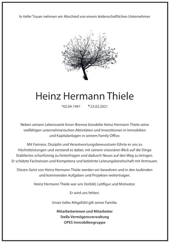  Traueranzeige für Heinz Hermann Thiele vom 27.02.2021 aus Süddeutsche Zeitung