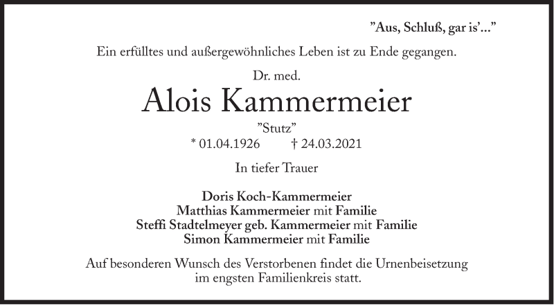  Traueranzeige für Alois Kammermeier vom 27.03.2021 aus Süddeutsche Zeitung