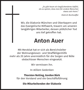 Traueranzeige von Anton Auer von Süddeutsche Zeitung