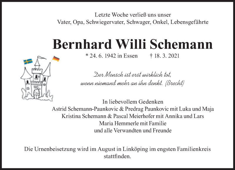  Traueranzeige für Bernhard Willi Schemann vom 27.03.2021 aus Süddeutsche Zeitung