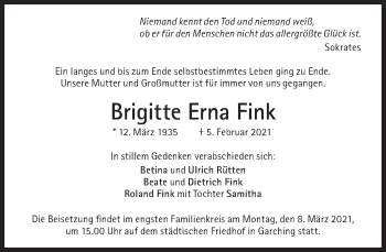 Traueranzeige von Brigitte Erna Fink von Süddeutsche Zeitung