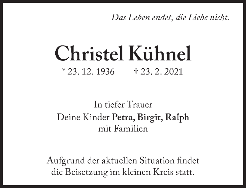  Traueranzeige für Christel Kühnel vom 20.03.2021 aus Süddeutsche Zeitung