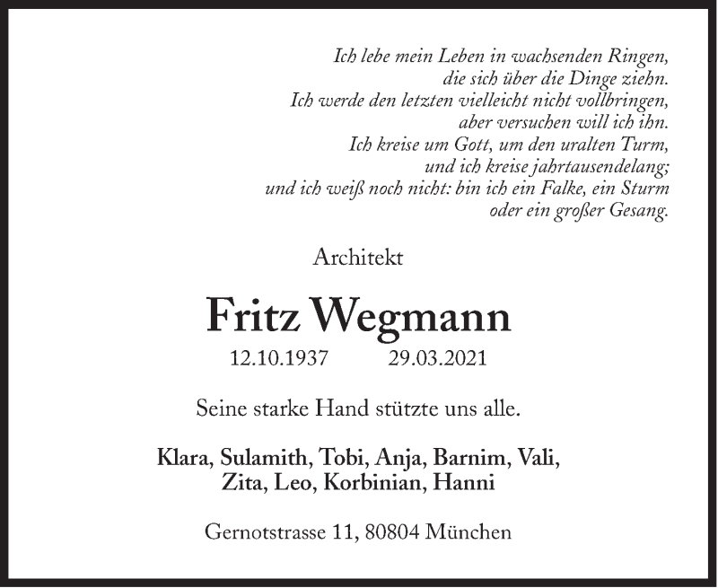  Traueranzeige für Fritz Wegmann vom 31.03.2021 aus Süddeutsche Zeitung