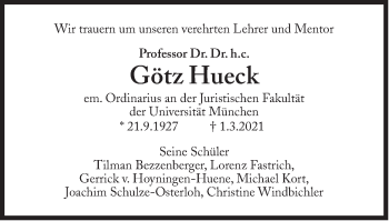 Traueranzeige von Götz Hueck von Süddeutsche Zeitung