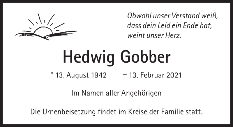  Traueranzeige für Hedwig Gobber vom 13.03.2021 aus Süddeutsche Zeitung
