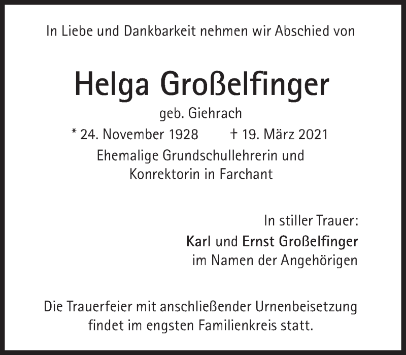  Traueranzeige für Helga Großelfinger vom 27.03.2021 aus Süddeutsche Zeitung